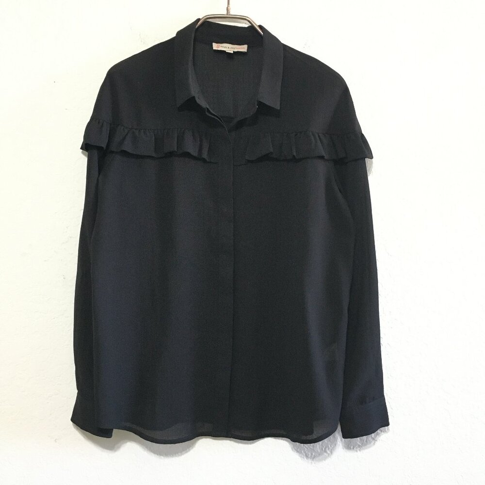 Paul & Joe Sister Black Flowy Semi-Sheer Blouse Size 3 Button Down Collar Ruffle